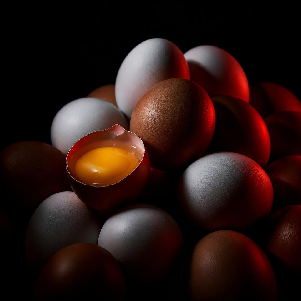 Huevos frescos blancos y de color iluminados con luz roja sobre fondo negro